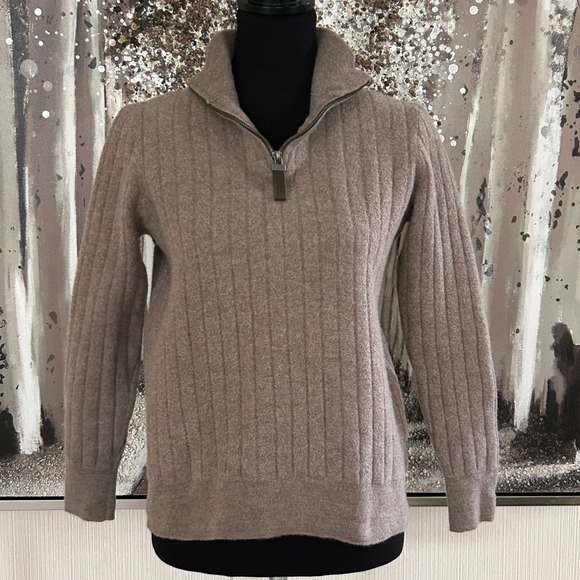 Jason Wu Sweaters - Jason Wu 100% Merino Wool Ribbed Quarter-Zip Taupe Sweater - Large